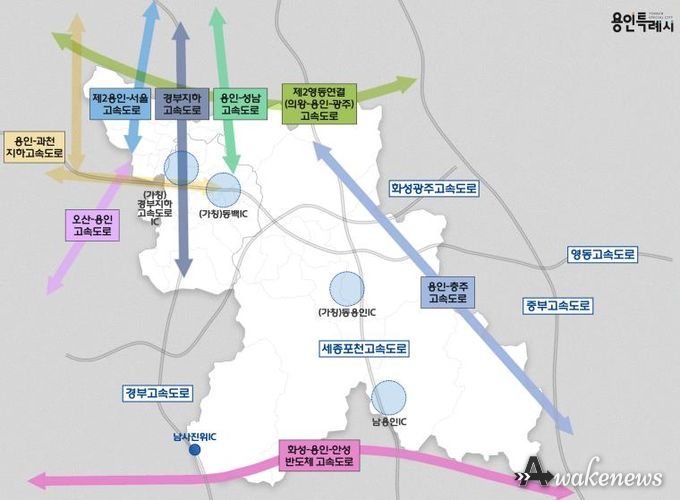 용인특례시에서 추진되고 있는 8개 고속도로와 4개 나들목(IC) 위치도