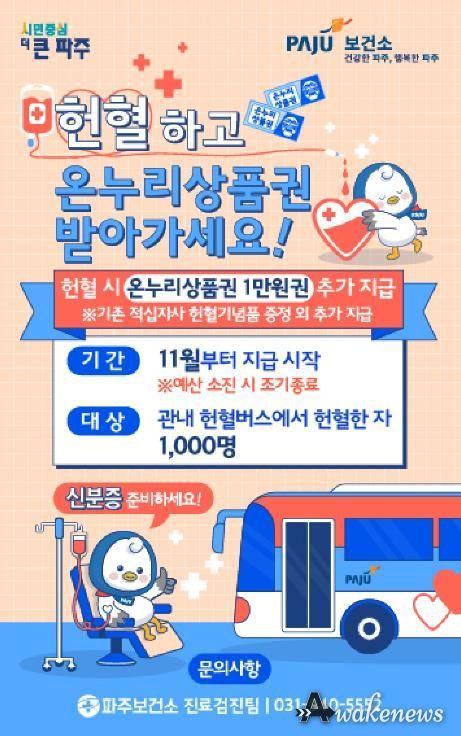 파주시, 헌혈자에 온누리상품권 지원 시작