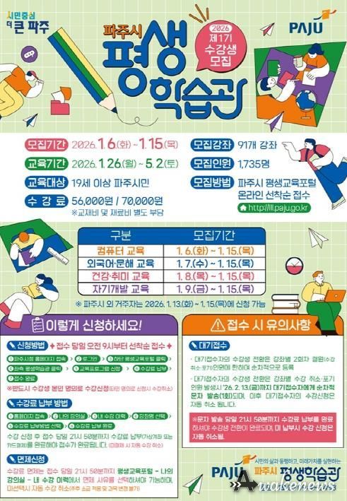 파주시 평생학습관, 2026년 제1기 정규강좌 수강생 모집