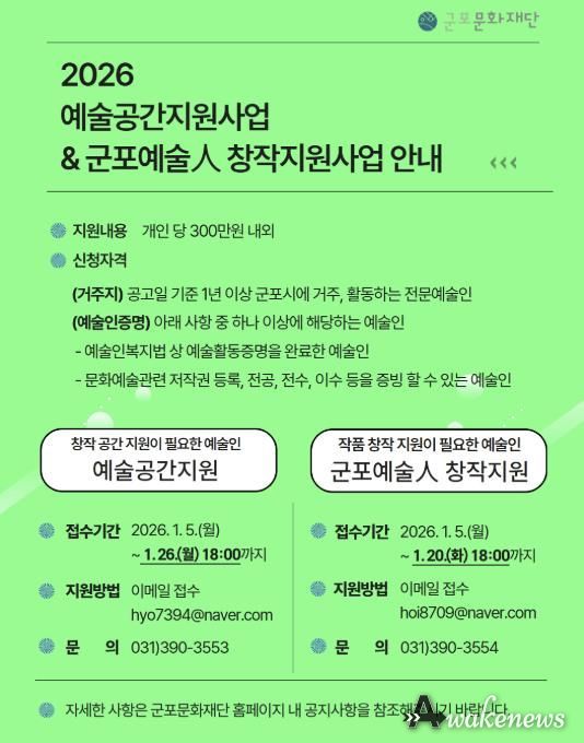 군포문화재단, 예술인 창작환경 강화를 위한 지원사업 공모