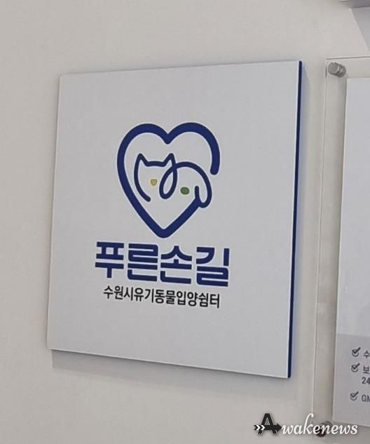 수원시 한 동물병원에 설치된 ‘푸른손길 수원시 유기동물 입양쉼터’ 현판