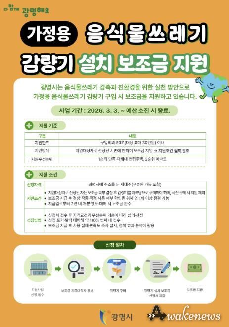 가정용 음식물쓰레기 감량기 설치 보조금 지원 안내문.