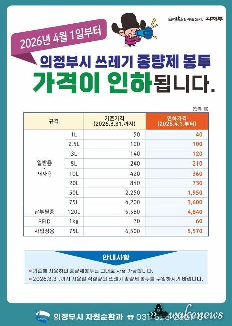 의정부시, 종량제봉투 가격 인하 예정대로 4월 1일부터 시행